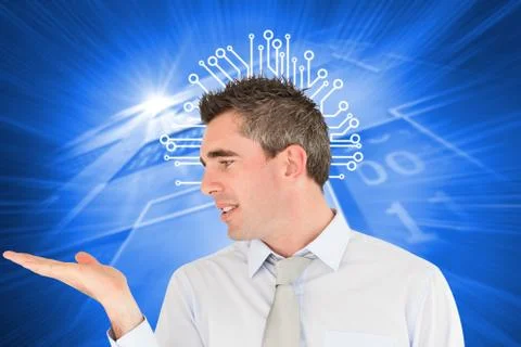Composite image of smiling businessman looking at hand Stock Illustration