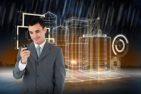 Composite image of smiling businessman looking at his cellphone Stock Illustration