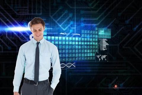 Composite image of smiling businessman standing with hand in pocket Stock Illustration