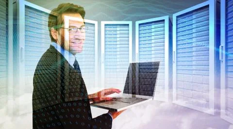 Composite image of smiling businessman using a laptop Stock Illustration