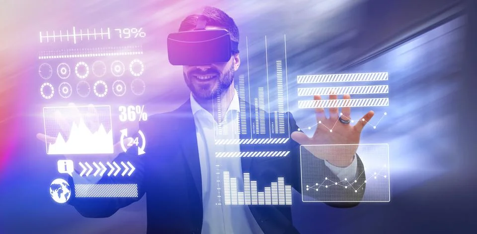 Composite image of smiling businessman using virtual reality glasses Stock Photos