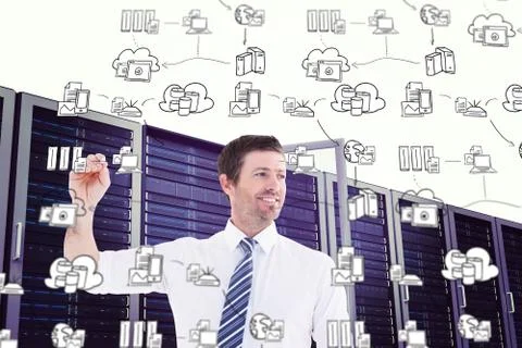 Composite image of smiling businessman writing something with white chalk Stock Illustration