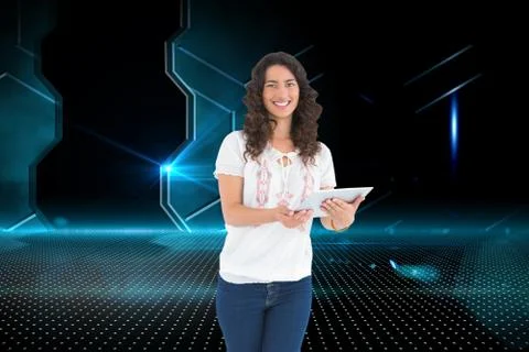 Composite image of smiling casual brunette using her tablet pc 스톡 일러스트