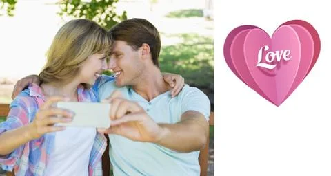 Composite image of smiling couple sitting on bench in the park taking a selfie Ilustração Stock