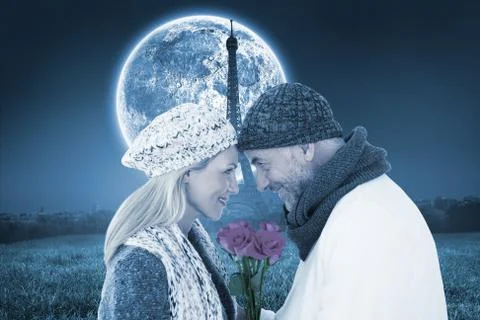 Composite image of smiling couple in winter fashion posing with roses Stock Illustration