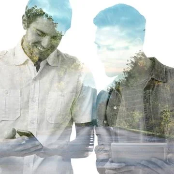 Composite image of smiling creative team standing in a line using technology Stock Illustration