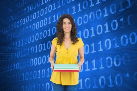 Composite image of smiling curly haired brunette holding notebooks Stockillustratie