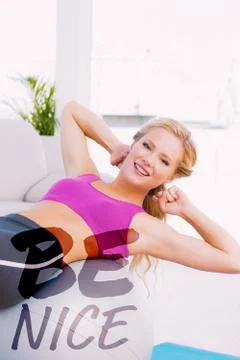 Composite image of smiling fit blonde doing sit ups with exercise ball 스톡 일러스트
