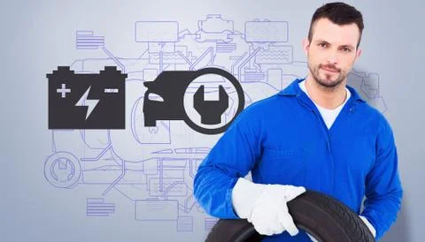 Composite image of smiling male mechanic holding tire Stock Illustration