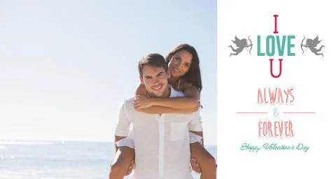 Composite image of smiling man giving girlfriend a piggy back looking at camera Stock Illustration