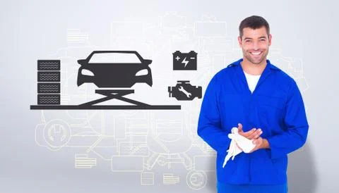 Composite image of smiling mechanic wiping hands with cloth Stock Illustration