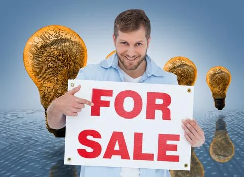 Composite image of smiling model holding a for sale sign Stock Illustration