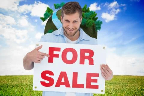 Composite image of smiling model holding a for sale sign Stock Illustration