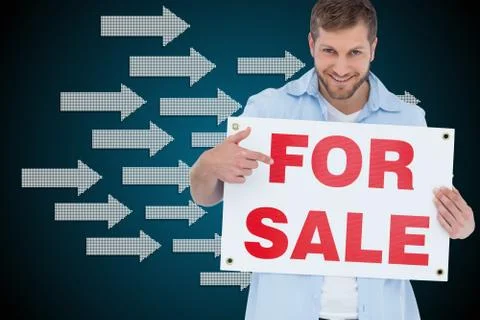 Composite image of smiling model holding a for sale sign Stock Illustration