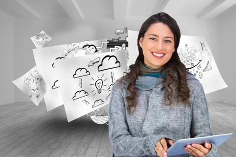 Composite image of smiling model wearing winter clothes holding her tablet Stock Illustration