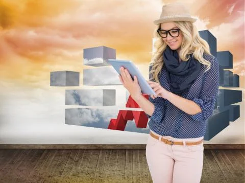 Composite image of smiling trendy blonde using tablet computer Stock Illustration