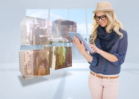 Composite image of smiling trendy blonde using tablet computer Stock Illustration