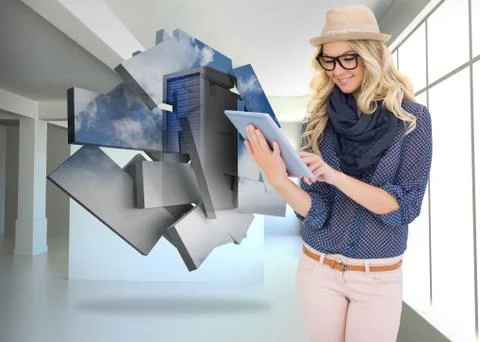 Composite image of smiling trendy blonde using tablet computer Stock Illustration
