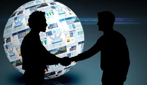 Composite image of smiling young businessmen shaking hands in office Stock Illustration