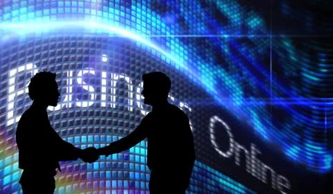 Composite image of smiling young businessmen shaking hands in office Stock Illustration