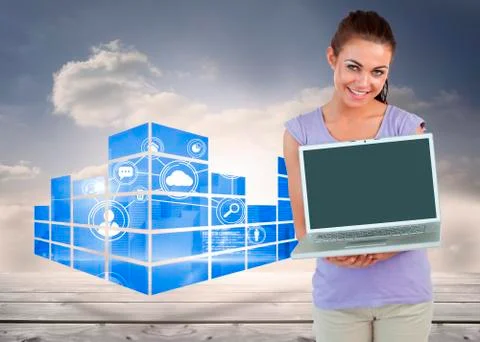 Composite image of smiling young female with her laptop 스톡 일러스트