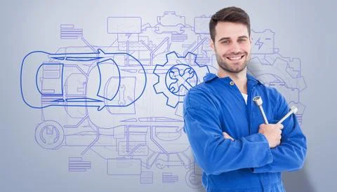 Composite image of smiling young male mechanic holding spanner Stock Illustration
