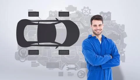Composite image of smiling young male machanic standing arms crossed Stock Illustration