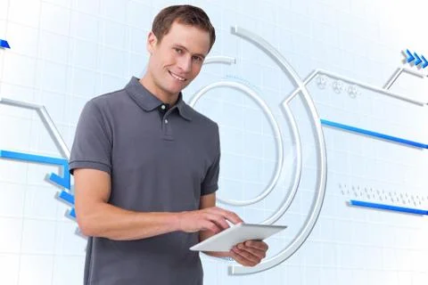 Composite image of smiling young man with tablet computer Illustrazione stock