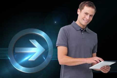 Composite image of smiling young man with tablet computer 스톡 일러스트