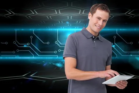 Composite image of smiling young man with tablet computer Illustrazione stock