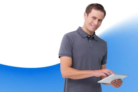 Composite image of smiling young man with tablet computer Stock Illustration
