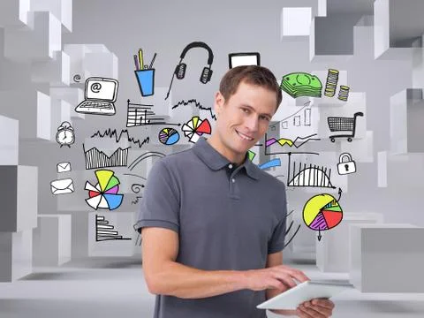 Composite image of smiling young man with tablet computer Illustrazione stock