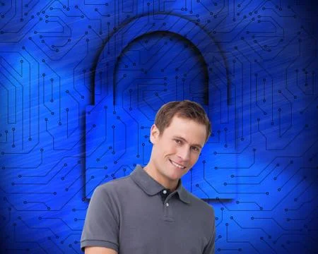 Composite image of smiling young man with tablet computer Illustrazione stock