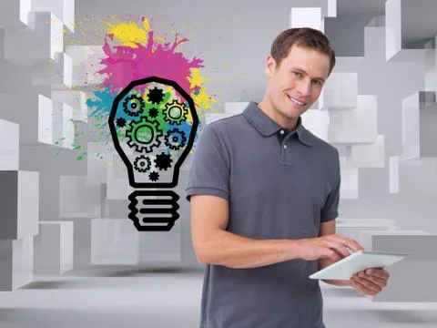 Composite image of smiling young man with tablet computer Stock Illustration
