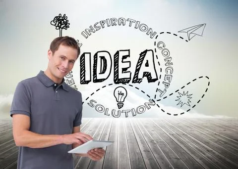 Composite image of smiling young man with tablet computer 스톡 일러스트