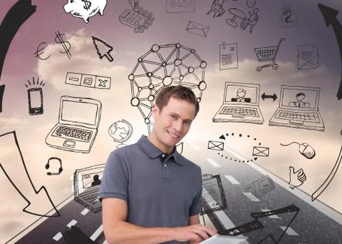 Composite image of smiling young man with tablet computer Illustrazione stock