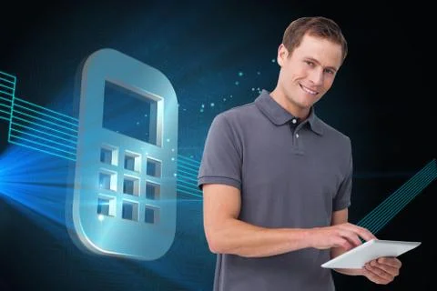 Composite image of smiling young man with tablet computer Stock Illustration