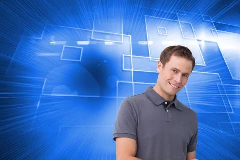 Composite image of smiling young man with tablet computer Illustrazione stock