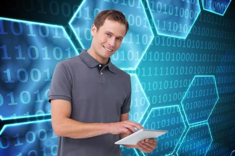 Composite image of smiling young man with tablet computer Illustrazione stock