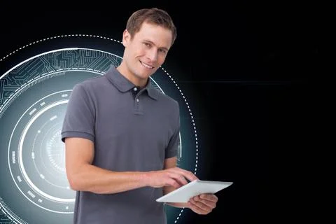 Composite image of smiling young man with tablet computer Illustrazione stock