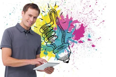 Composite image of smiling young man with tablet computer Illustrazione stock