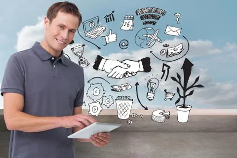 Composite image of smiling young man with tablet computer Stockillustratie