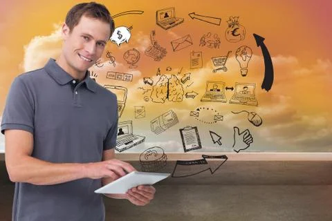 Composite image of smiling young man with tablet computer Ilustración de archivo