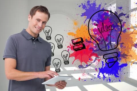 Composite image of smiling young man with tablet computer Illustrazione stock