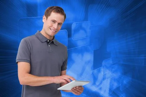 Composite image of smiling young man with tablet computer Stockillustratie