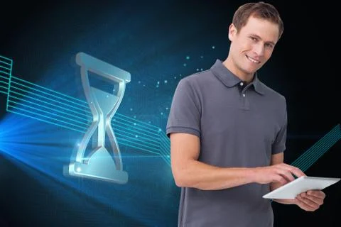 Composite image of smiling young man with tablet computer 스톡 일러스트
