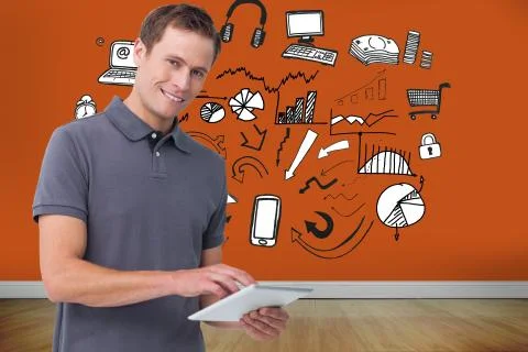 Composite image of smiling young man with tablet computer Stock Illustration