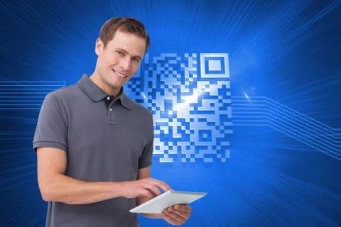 Composite image of smiling young man with tablet computer Stock Illustration