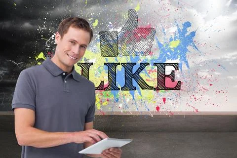 Composite image of smiling young man with tablet computer Illustrazione stock