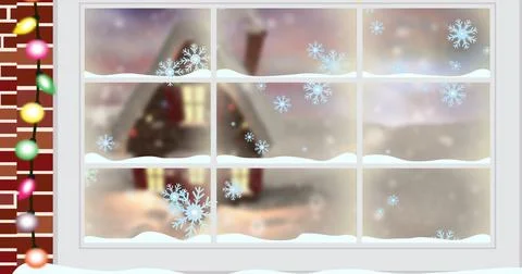 Composite image of snowflakes and house seen through window, copy space Stock Illustration